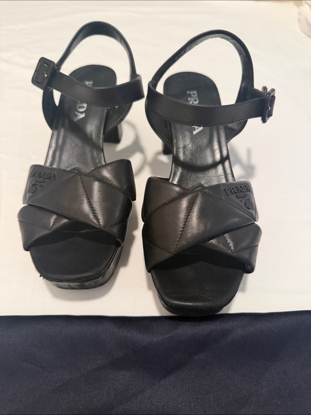 Prada Black Quilted Leather Ankle Strap Heels